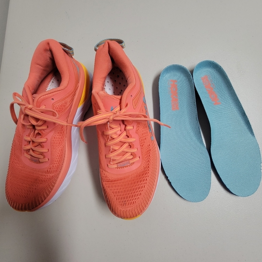 Hoka One One Women's Coral and Yellow Running Shoes - Picture 6 of 16